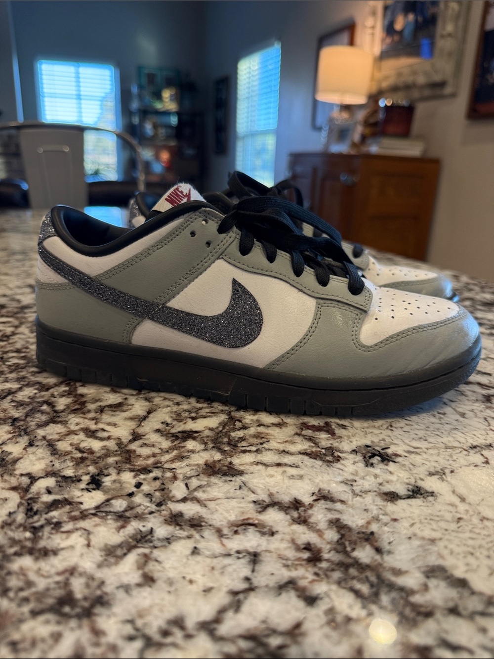 Nike Women’s White and Gray Low-Top Sneakers with Black Glitter Swoosh